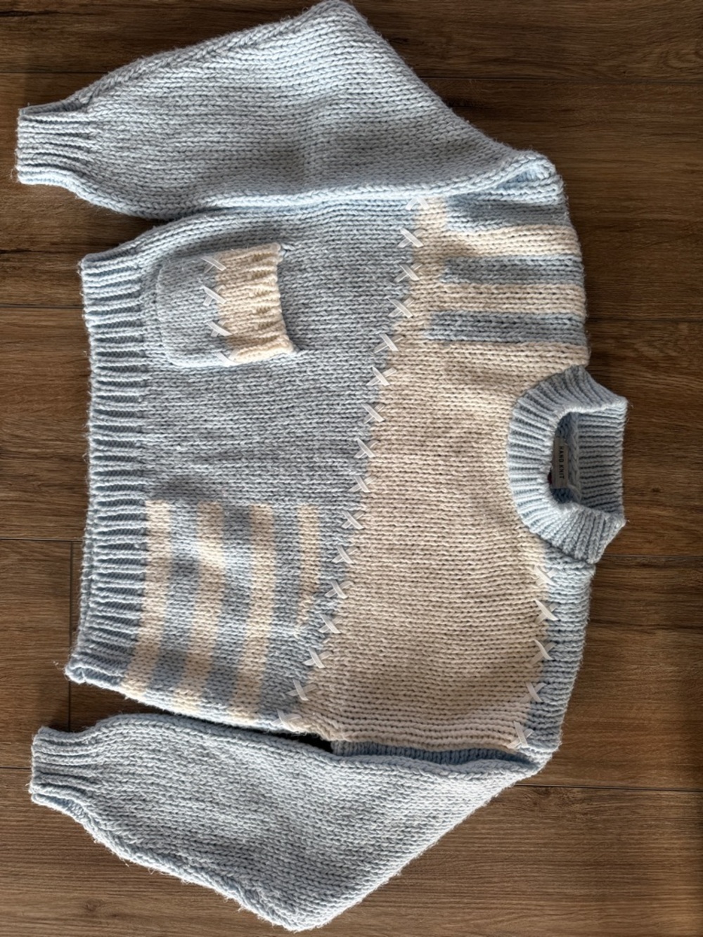 Vintage Cherry Stix Hand Knit Light Blue and Cream Striped Knit Sweater